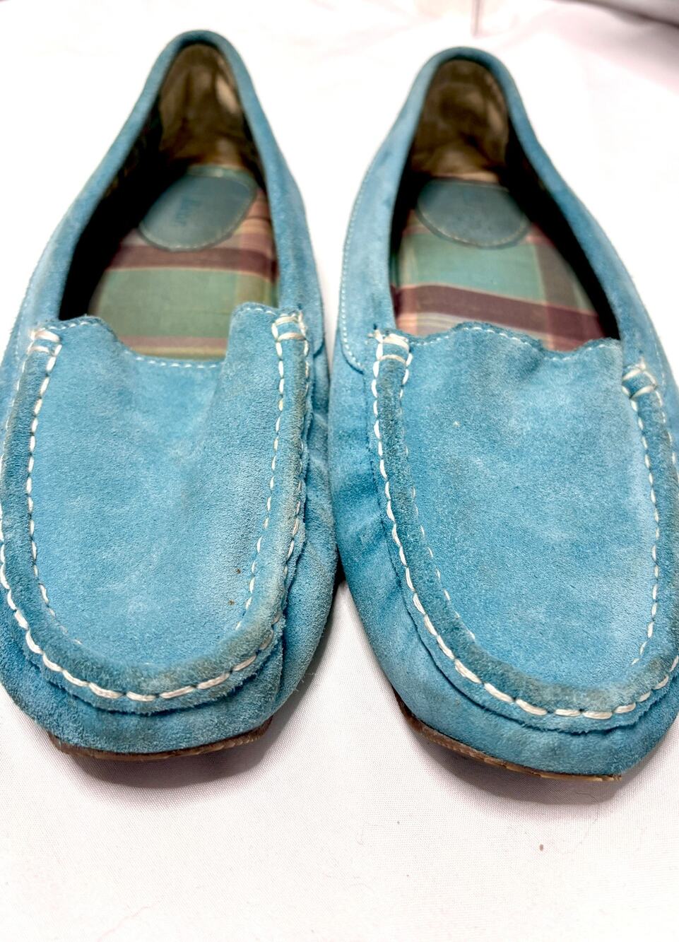 LL Bean Size 9 Turquoise Suede Womens Moccasin Slippers Rubber Sole 280461